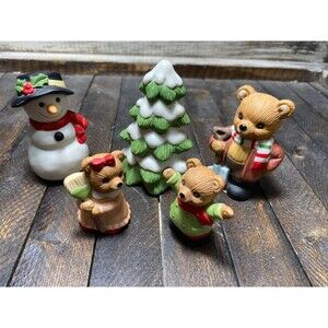 HOMCO #5101 Lot of 5 Ceramic Bears And Snowman Christmas Tree